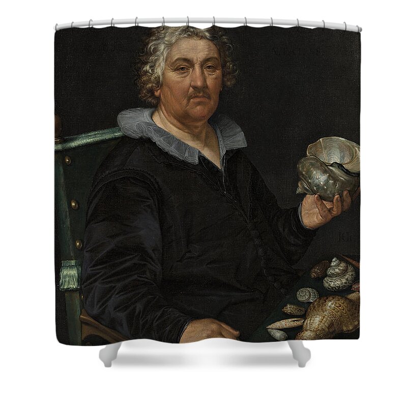 Hendrik Goltzius Shower Curtain featuring the painting Portrait of the Shell Collector Jan Govertsen van der Aer by Hendrik Goltzius