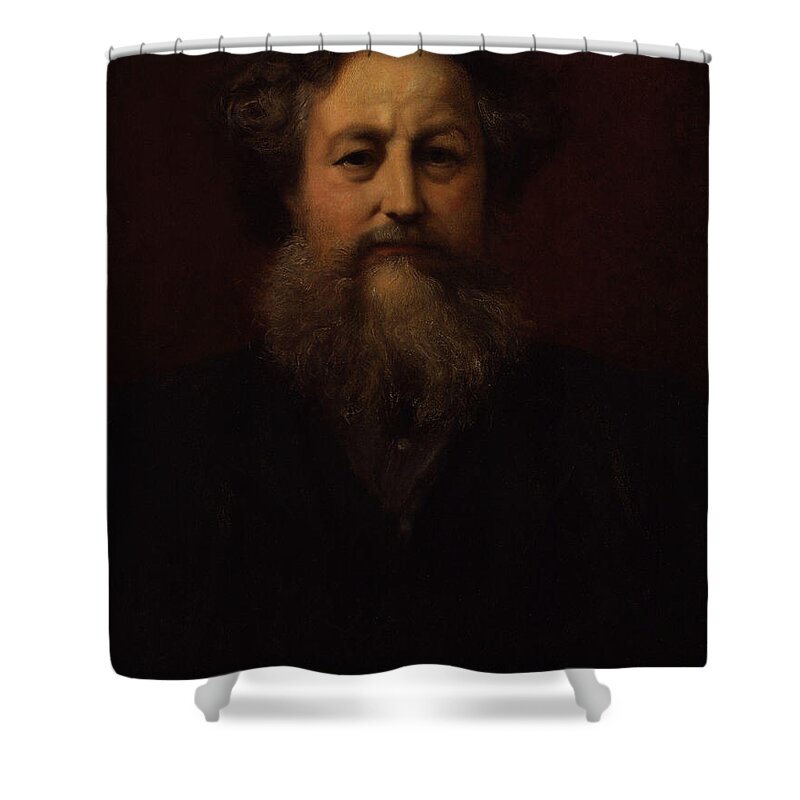 Portrait Of William Morris By William Blake Richmond Shower Curtain featuring the painting Portrait of William Morris by MotionAge Designs