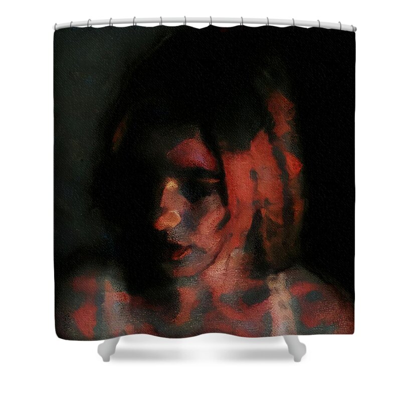 Portrait Shower Curtain featuring the painting Portrait painting of girl in red gray black with wistful thoughts of fleeting memories by MendyZ