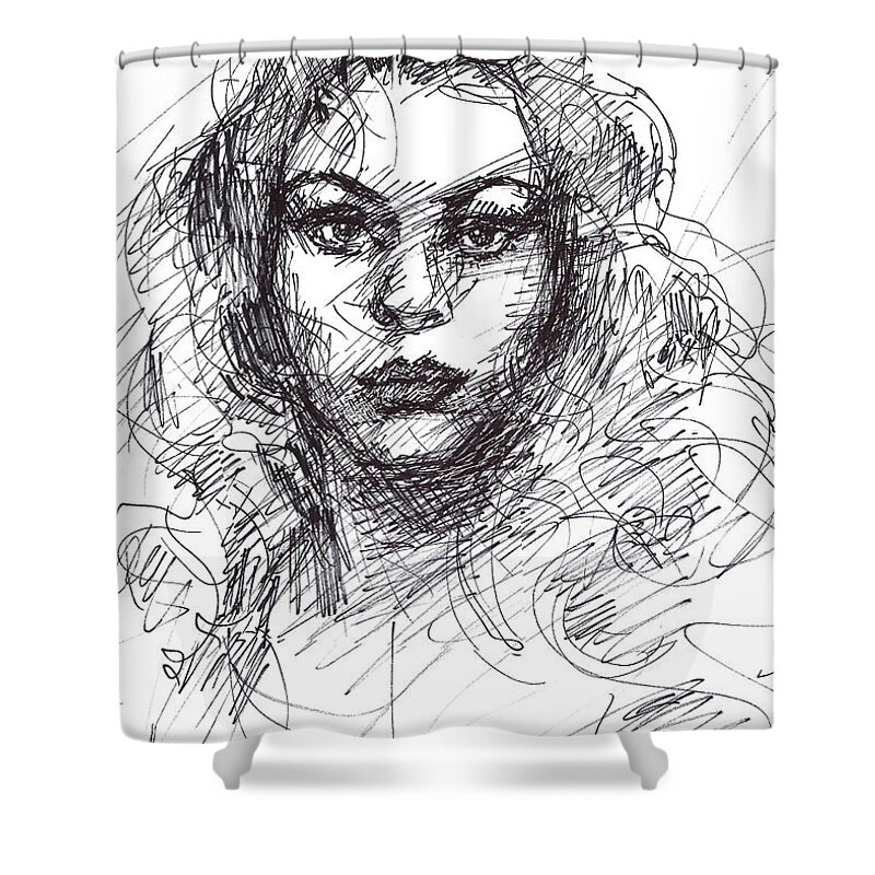 Girl Shower Curtain featuring the drawing Portrait Sketch by Ylli Haruni