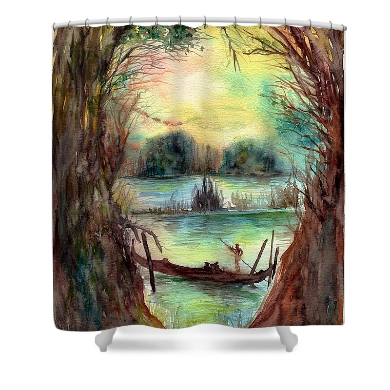 Skull Shower Curtain featuring the painting Portrait with a boat by Suzann Sines
