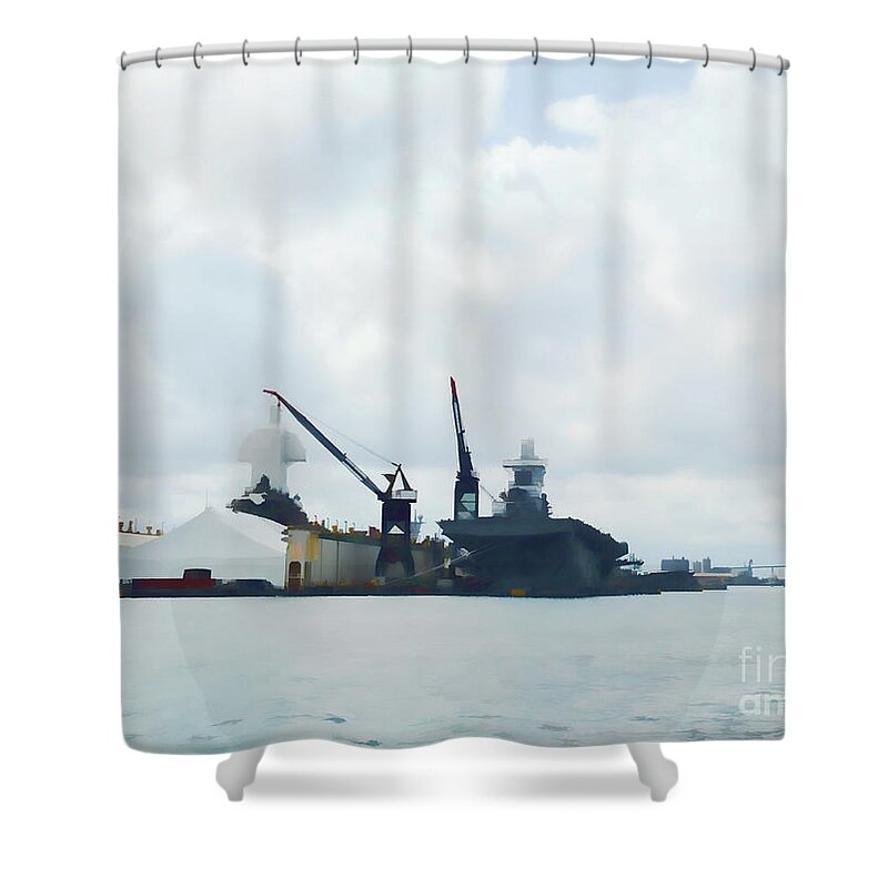 Portsmouth Shipyard Shower Curtain featuring the painting Portsmouth Shipyard 4 by Jeelan Clark