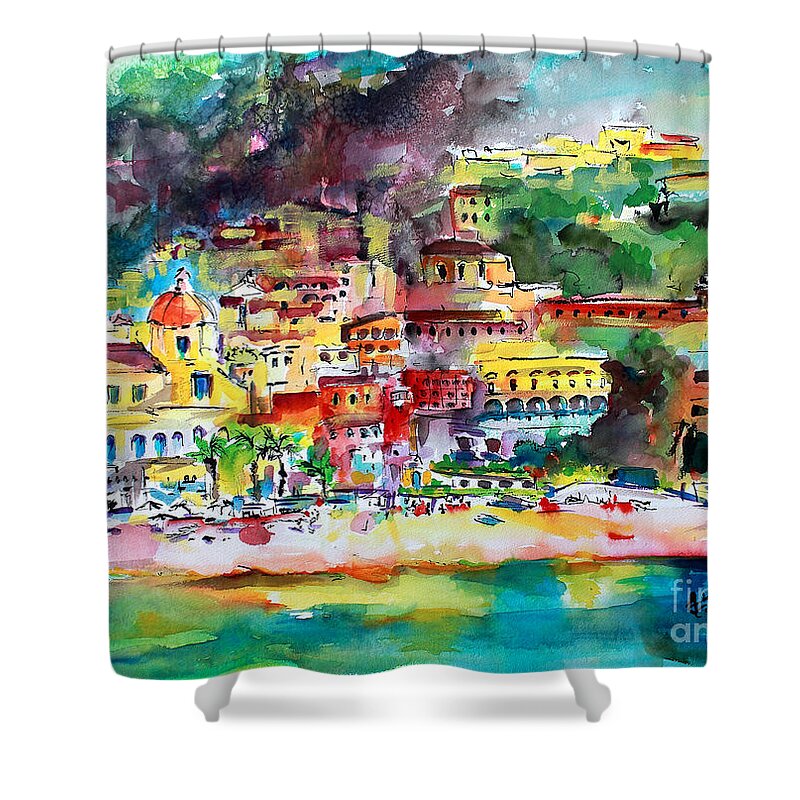 Amalfi Coast Shower Curtain featuring the painting Amalfi Coast Positano Summer Fun Watercolor Painting by Ginette Callaway