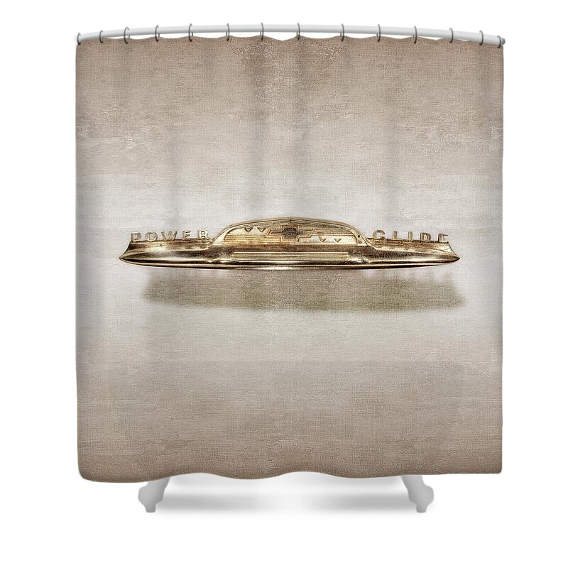 Automotive Shower Curtain featuring the photograph Power Glide Hood Emblem by YoPedro