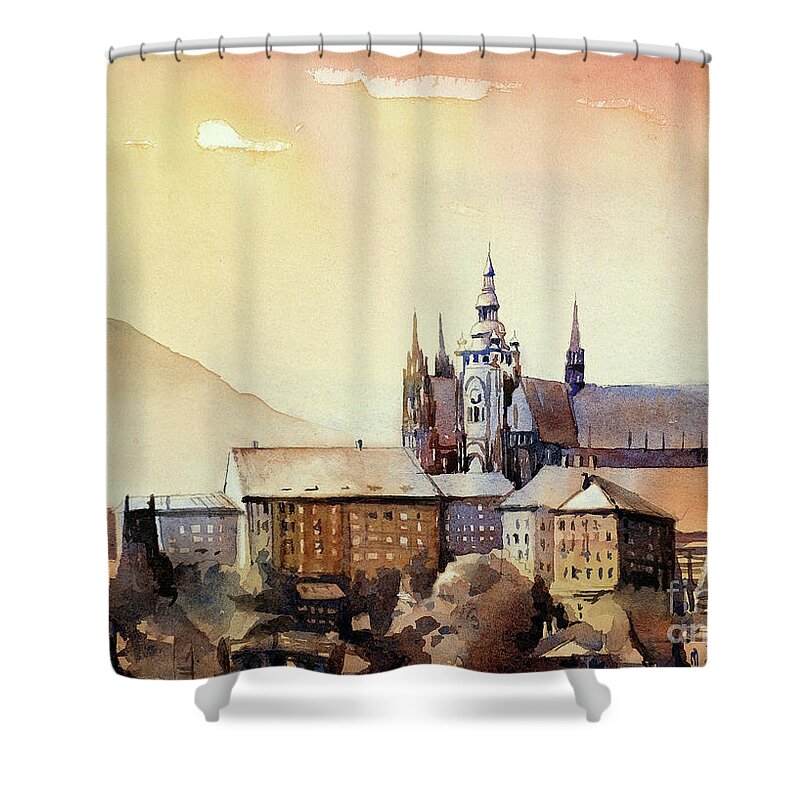 14th Century Shower Curtain featuring the painting Prague Castle at Sunset- Czech Republic by Ryan Fox