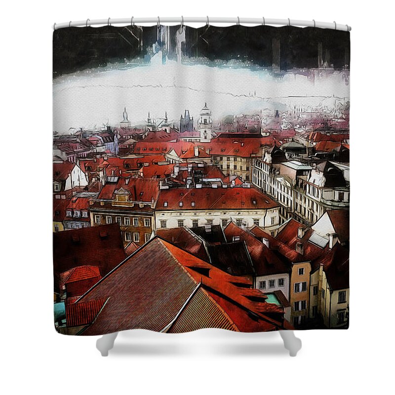 City Shower Curtain featuring the painting Prague Skyline by Kai Saarto
