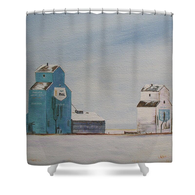 Grain Elevators Shower Curtain featuring the painting Prairie Giants II by Elaine Booth-Kallweit