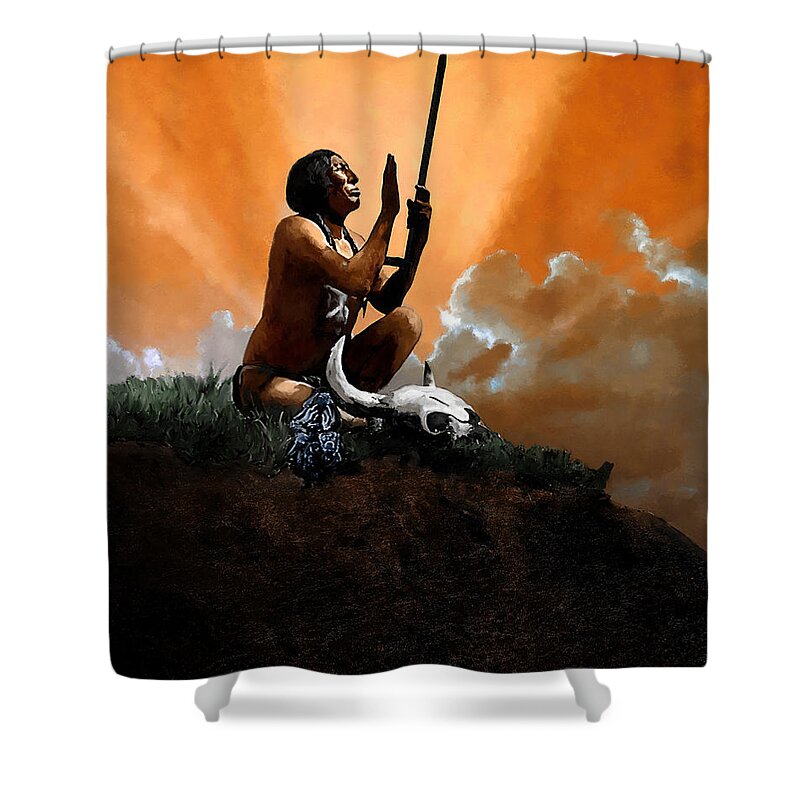 Native American Shower Curtain featuring the painting Prayer to the Great Mystery by Rick Mosher