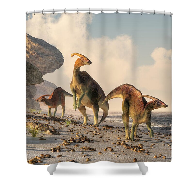 Parasaurolophus Shower Curtain featuring the digital art Prehistoric Beachcombers by Daniel Eskridge