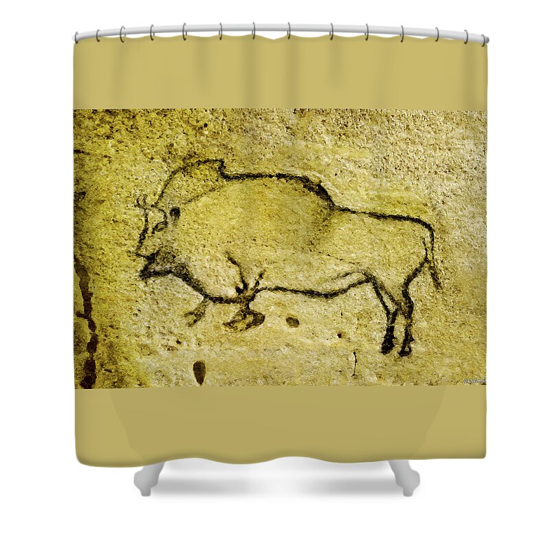 Bison Shower Curtain featuring the digital art Prehistoric Bison 1- La Covaciella by Weston Westmoreland