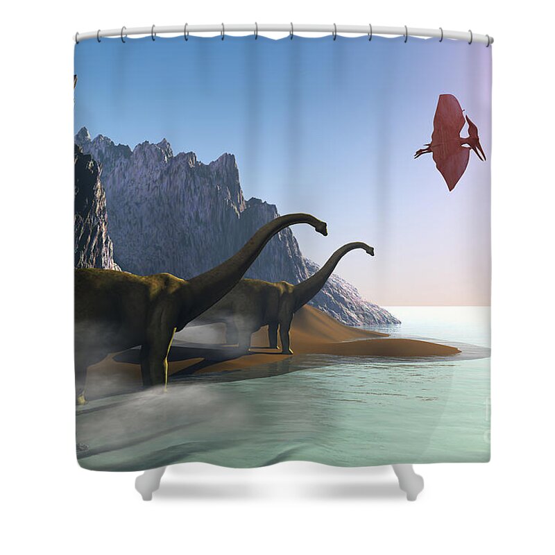 Diplodocus Shower Curtain featuring the painting Prehistoric World by Corey Ford