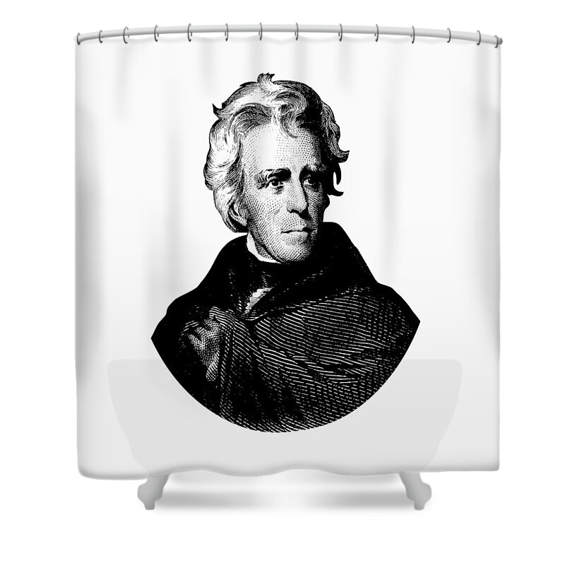 President Jackson Shower Curtain featuring the digital art President Andrew Jackson Graphic Black and White by War Is Hell Store