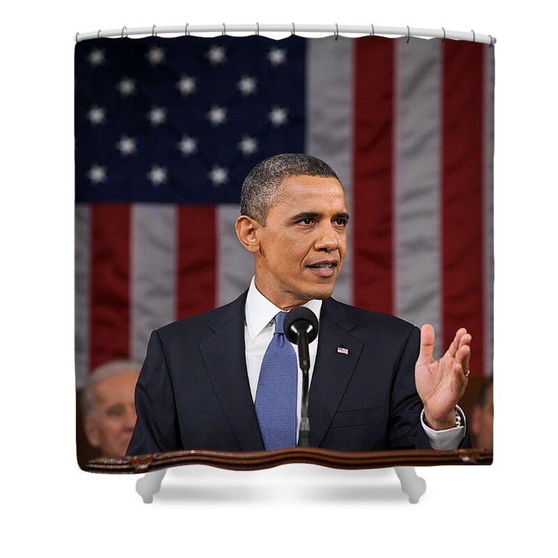 President Shower Curtain featuring the painting President Barack Obama delivers his State of the Union address by Celestial Images