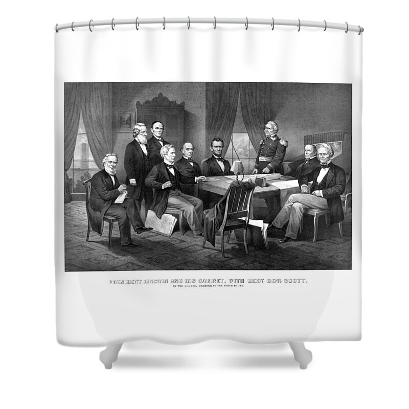 Abraham Lincoln Shower Curtain featuring the mixed media President Lincoln His Cabinet and General Scott by War Is Hell Store