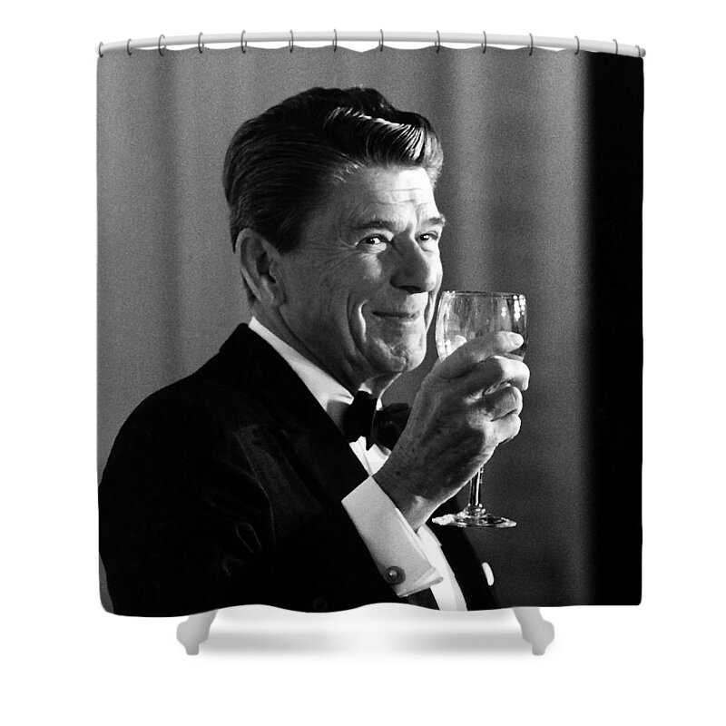 Ronald Reagan Shower Curtain featuring the painting President Reagan Making A Toast by War Is Hell Store