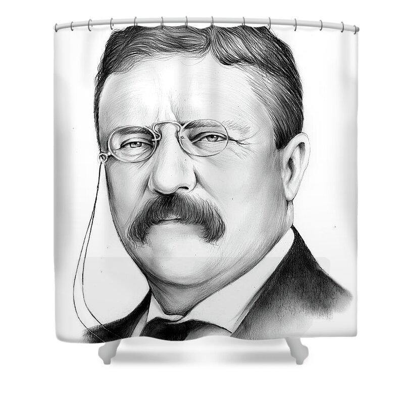 President Shower Curtain featuring the drawing President Theodore Roosevelt 2 by Greg Joens