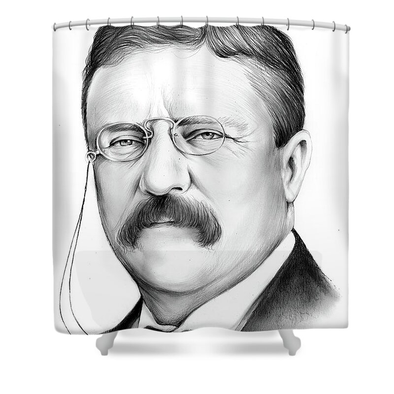 Theodore Roosevelt Shower Curtain featuring the drawing President Theodore Roosevelt by Greg Joens
