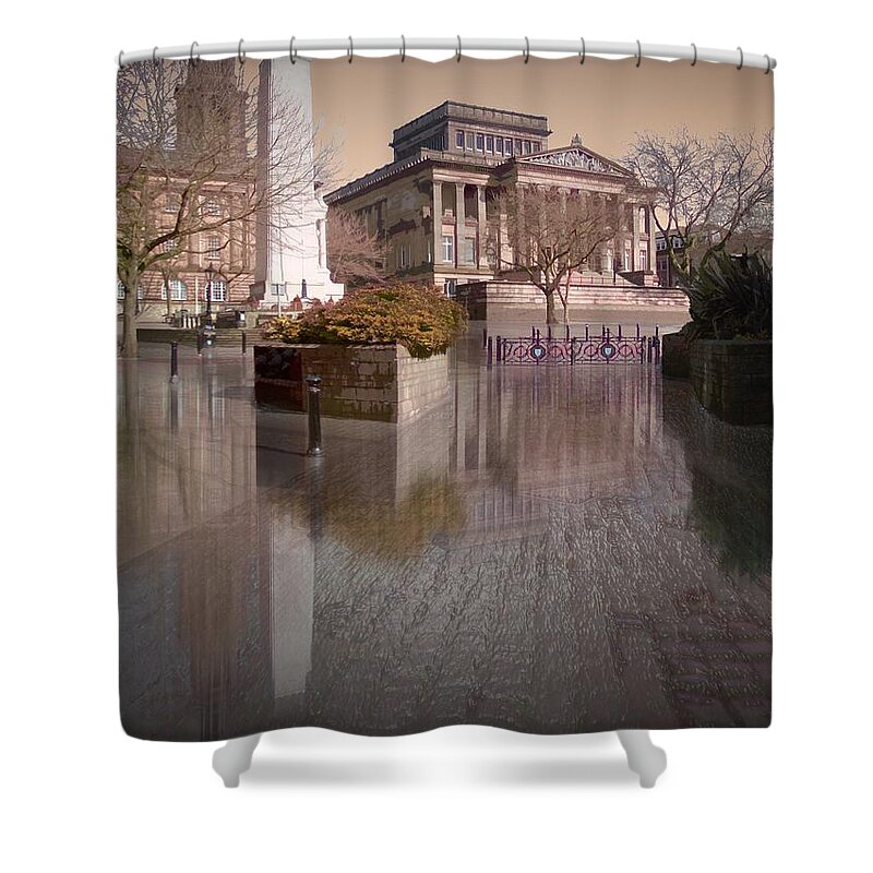 Preston Shower Curtain featuring the digital art Preston Cenotaph and Harris Museum by Joe Tamassy