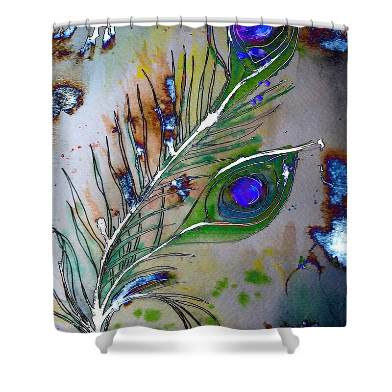 Feather Shower Curtain featuring the painting Pretty As A Peacock by Denise Tomasura