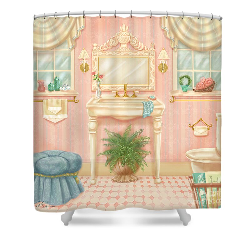 Room Shower Curtain featuring the mixed media Pretty Bathrooms III by Shari Warren