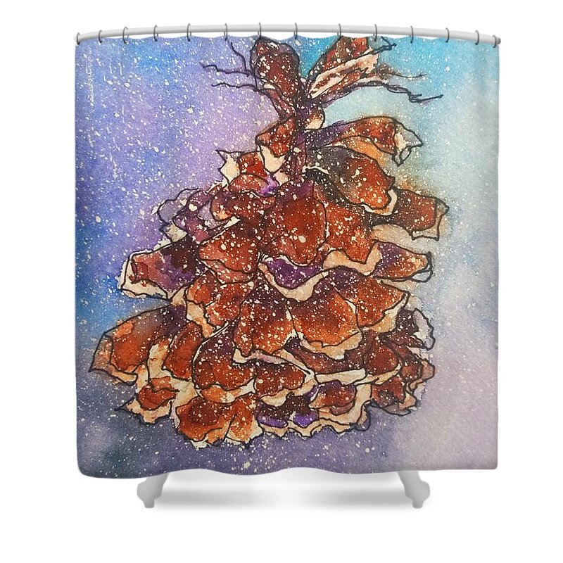 Watercolor Painting Shower Curtain featuring the painting Funky Pinecone by Eunice Miller
