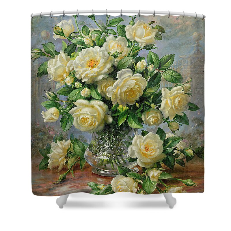 In Honour Of Lady Diana Spencer (1961-97); Still Life; Flower; Rose; Arrangement; Princess Of Wales (1981-96); Homage; Yellow; Flowers; Leafs Shower Curtain featuring the painting Princess Diana Roses in a Cut Glass Vase by Albert Williams