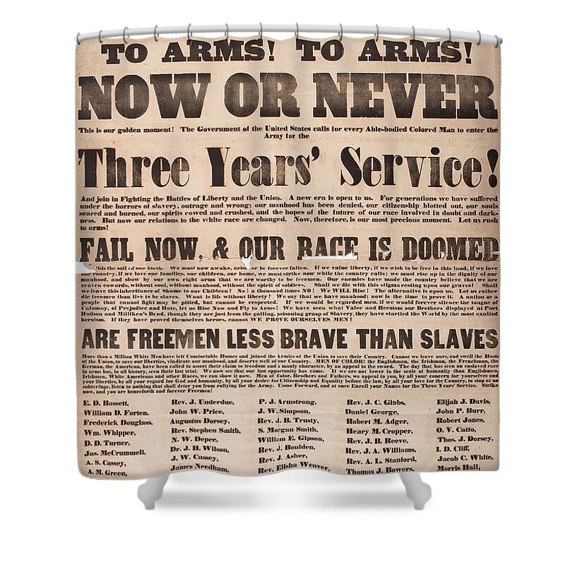 Man Shower Curtain featuring the painting Printed broadside, calling all men of color to arms, 1863 by Celestial Images