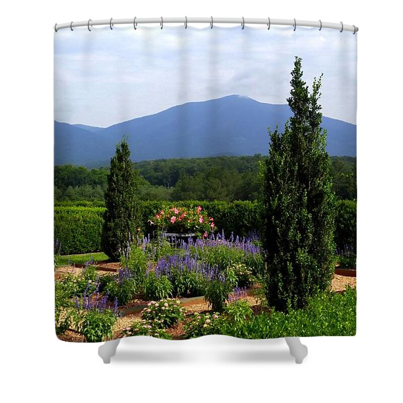 Landscape Mountains View Garden Flowers Shower Curtain featuring the photograph Private Garden with a View by Gail Butler