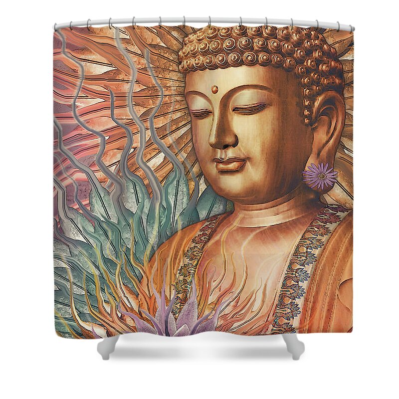 Buddha Shower Curtain featuring the digital art Proliferation of Peace - Buddha Art by Christopher Beikmann by Christopher Beikmann
