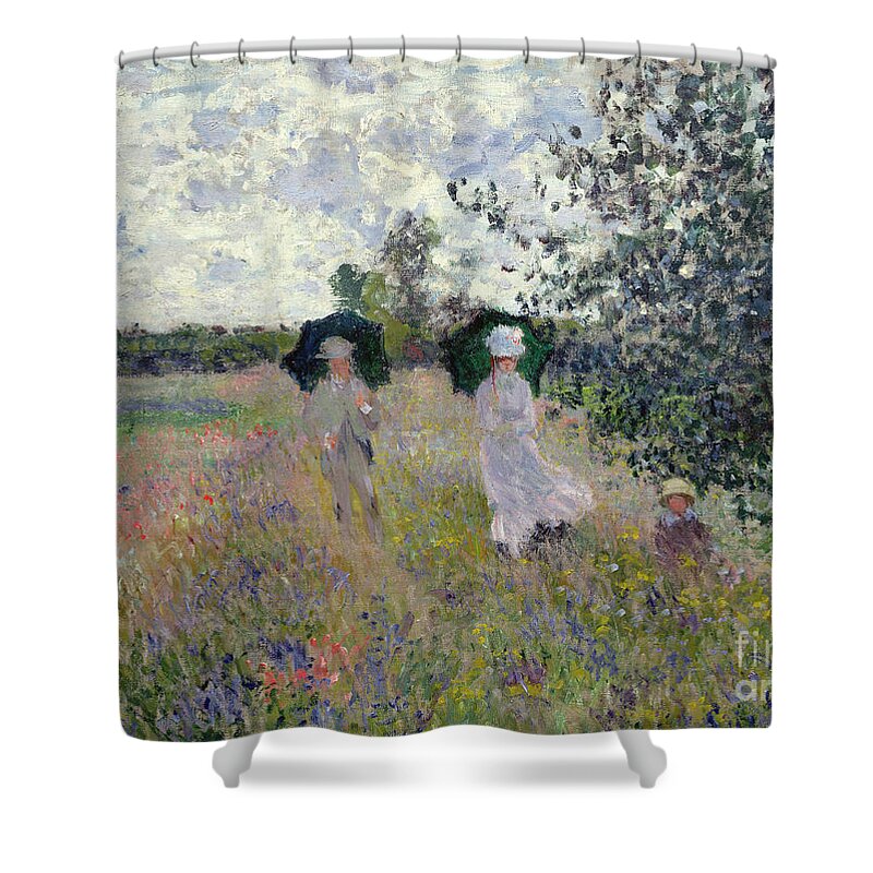 Walk; Walking; Landscape; Impressionist; Male; Female; Family; Child; Parasol; Parasols; Monet; Claude; Family; Umbrella; Umbrellas; Dress; Suit; Hat; Hats; Stroll; Tree; Trees; Grass; Grassy; Green; Flower; Flowers; Bush; Bushes; Argenteuil Shower Curtain featuring the painting Promenade near Argenteuil by Claude Monet