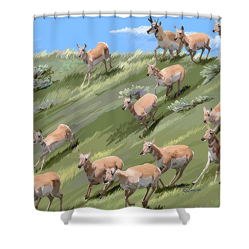 Animals Shower Curtain featuring the painting Pronghorn Promenade by Pam Little