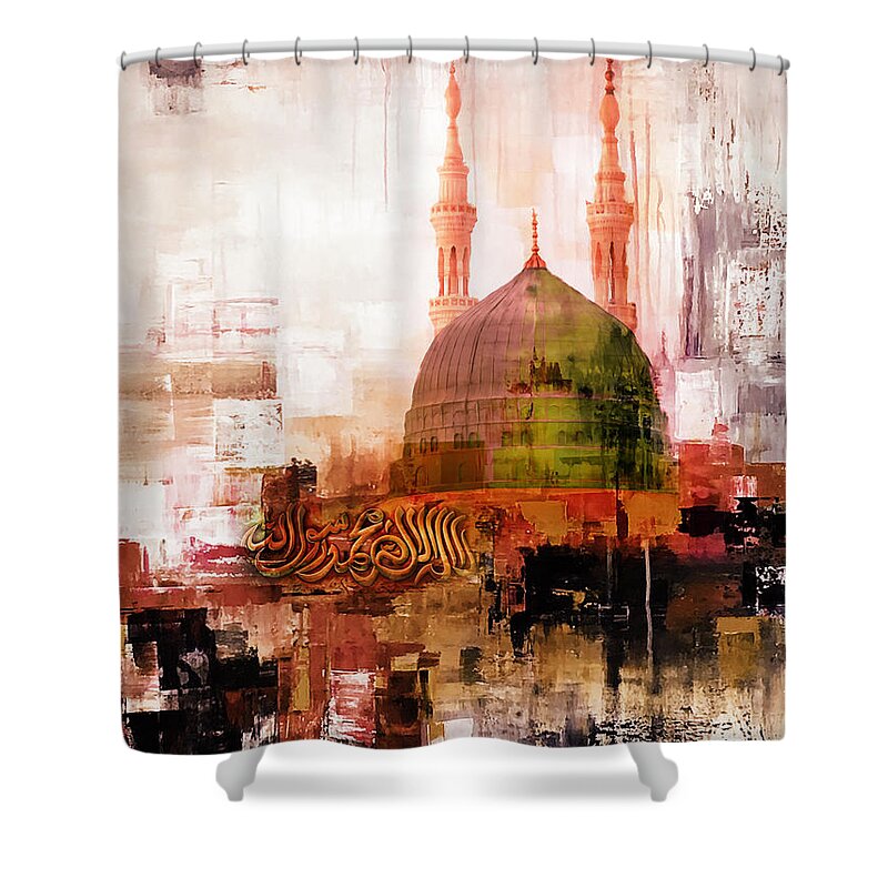 Masjid E Nabvi Shower Curtain featuring the painting Prophet's Mosque 02 by Gull G