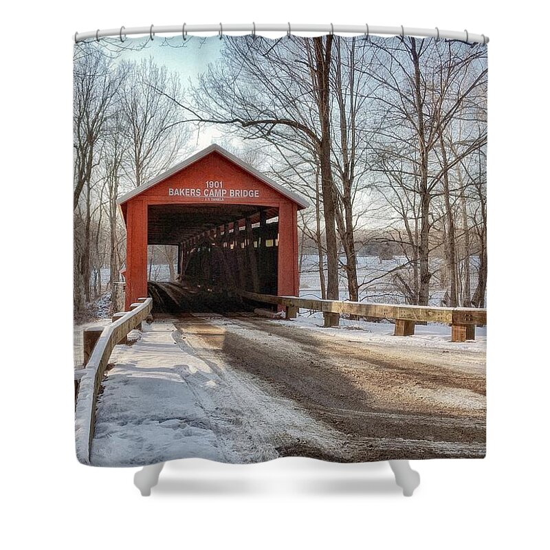 Baker's Camp Bridge Shower Curtain featuring the photograph Protected Crossing in Winter by Andrea Platt