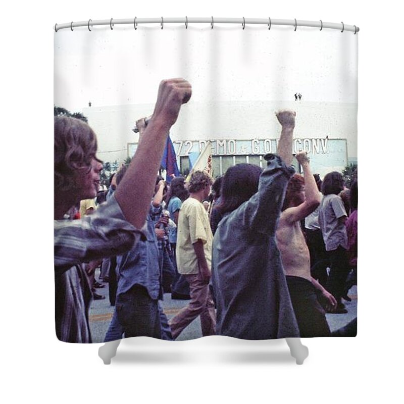 Protesters March In Front Of The Convention Hall Democratic Natl Convention Miami Beach Florida 1972 Shower Curtain featuring the photograph Protesters march in front of the convention hall Democratic Natl Convention Miami Beach Florida 1972 by David Lee Guss