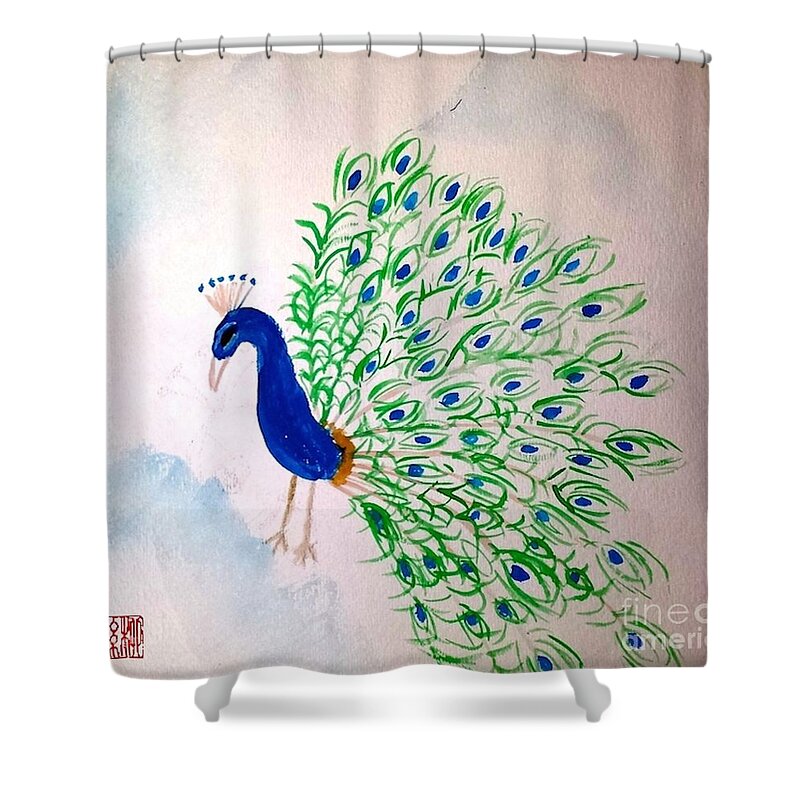 Peacock Shower Curtain featuring the painting Proud as a Peacock by Margaret Welsh Willowsilk