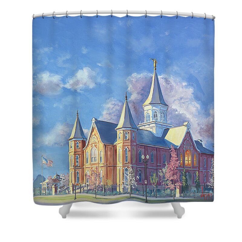 Jeff Shower Curtain featuring the painting Provo City Center Temple by Jeff Brimley