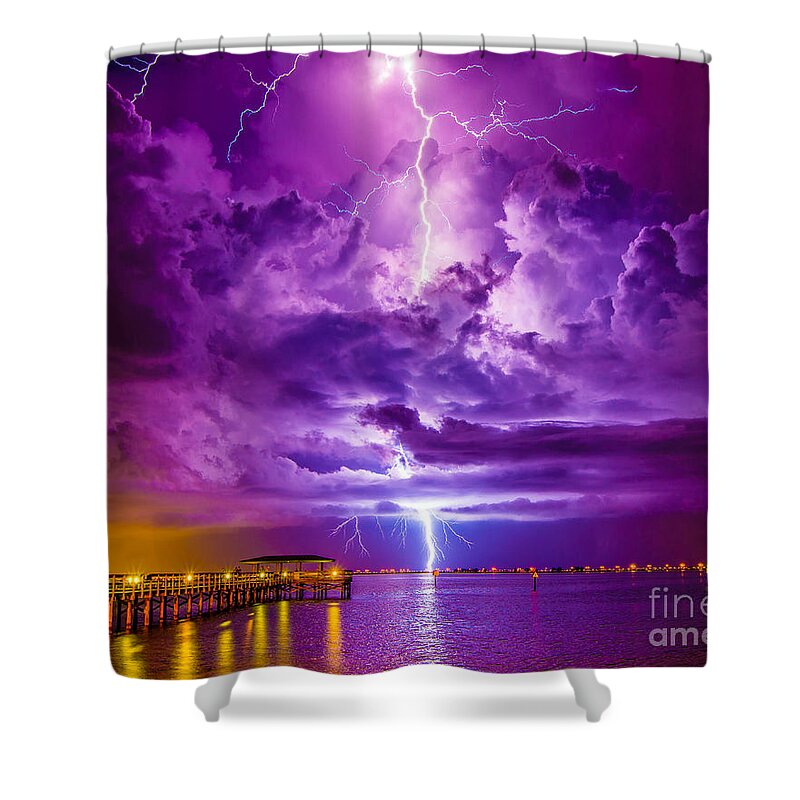 Psychedelic Shower Curtain featuring the photograph Psychedelic Lightning Seascape by Stephen Whalen