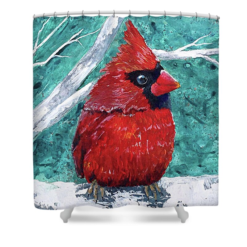 Cardinal Bird Art Shower Curtain featuring the painting Pudgy Cardinal by Teresa Fry