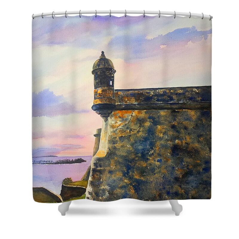 Puerto Rico Shower Curtain featuring the painting Puerto Rico Castillo San Felipe del Morro by Carlin Blahnik CarlinArtWatercolor