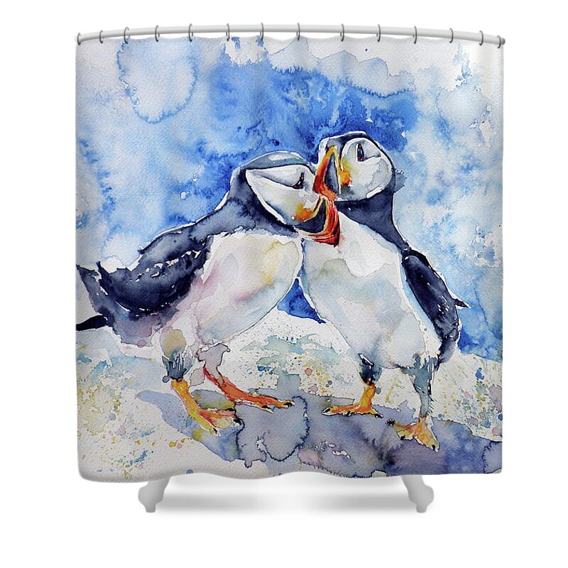 Puffin Shower Curtain featuring the painting Puffins by Kovacs Anna Brigitta