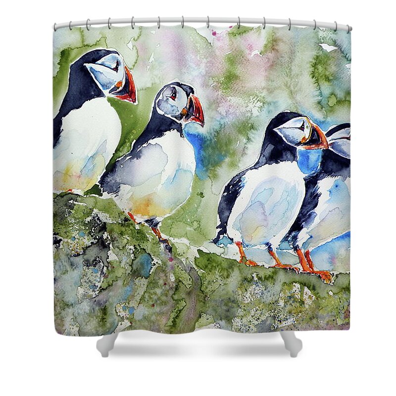 Puffin Shower Curtain featuring the painting Puffins on stone by Kovacs Anna Brigitta