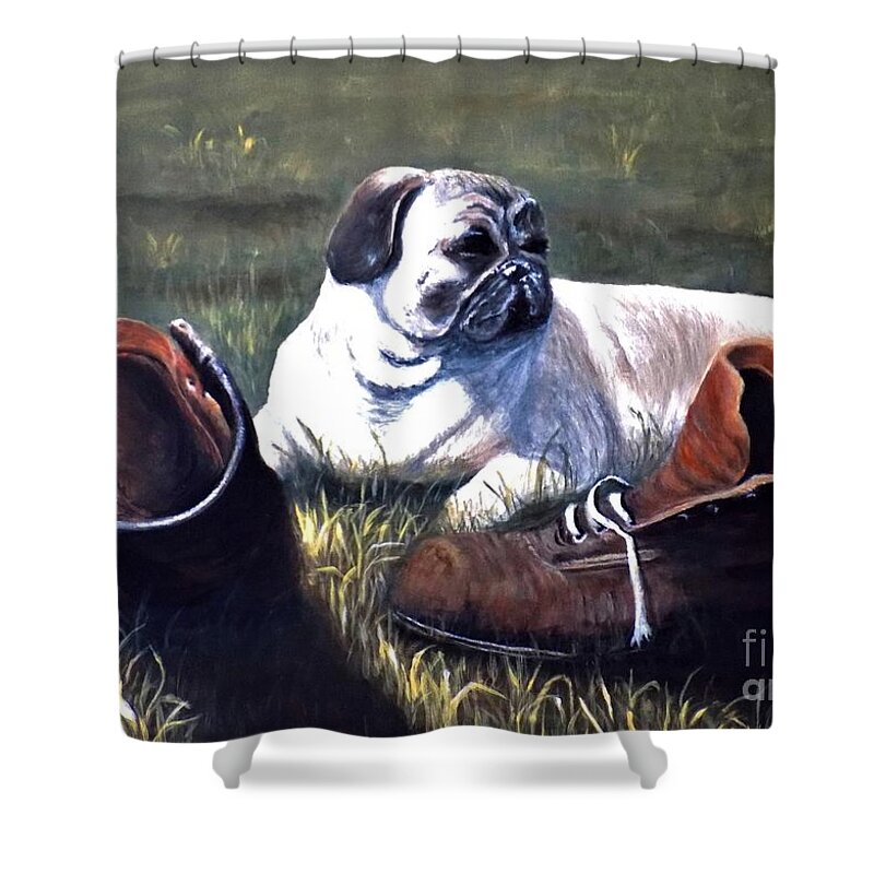 Pug Shower Curtain featuring the painting Pug and Boots by Judy Kirouac