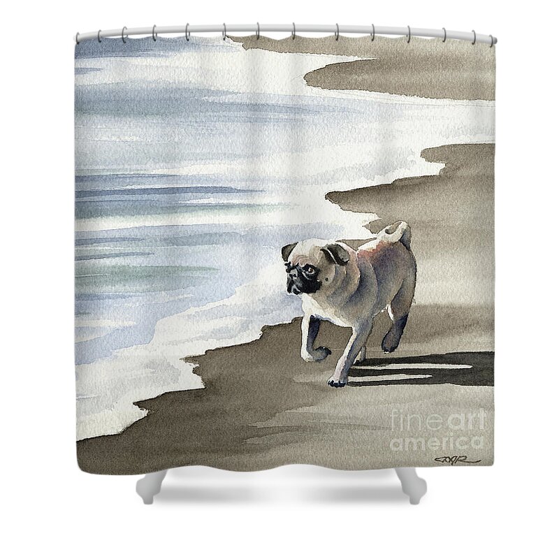 Pug Shower Curtain featuring the painting Pug at the Beach by David Rogers