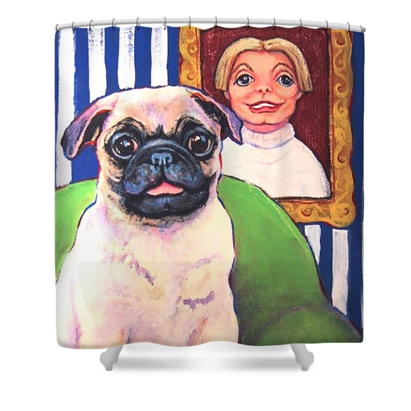 Pug Shower Curtain featuring the painting Pug - Beth Ann and Butch by Rebecca Korpita