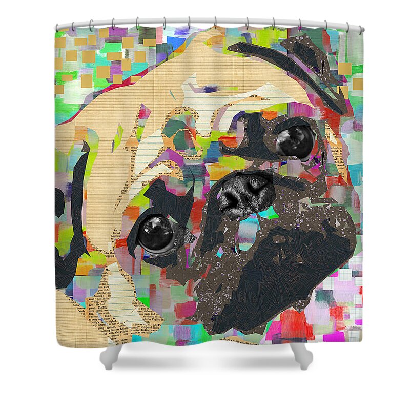 Pug Shower Curtain featuring the mixed media Pug Collage by Claudia Schoen