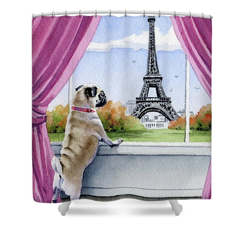 Pug Shower Curtain featuring the painting Pug in Paris by David Rogers