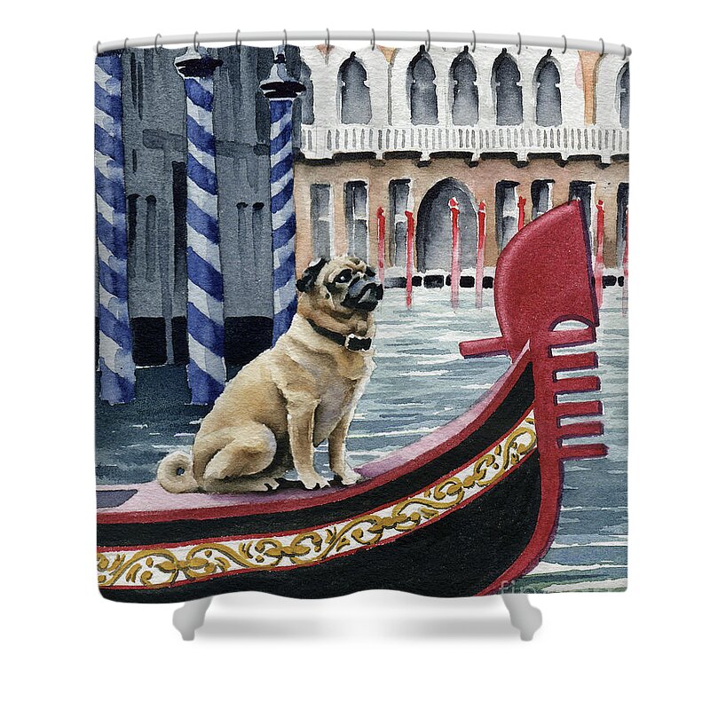 Pug Shower Curtain featuring the painting Pug in Venice by David Rogers