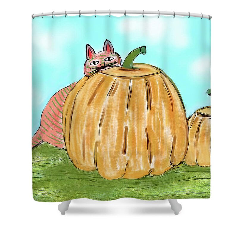 Landscape Shower Curtain featuring the digital art Pumpkin Cat by Christina Wedberg
