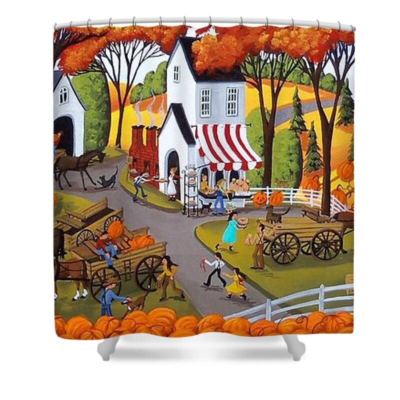 Folk Art Shower Curtain featuring the painting Pumpkin Festival - folk art landscape by Debbie Criswell
