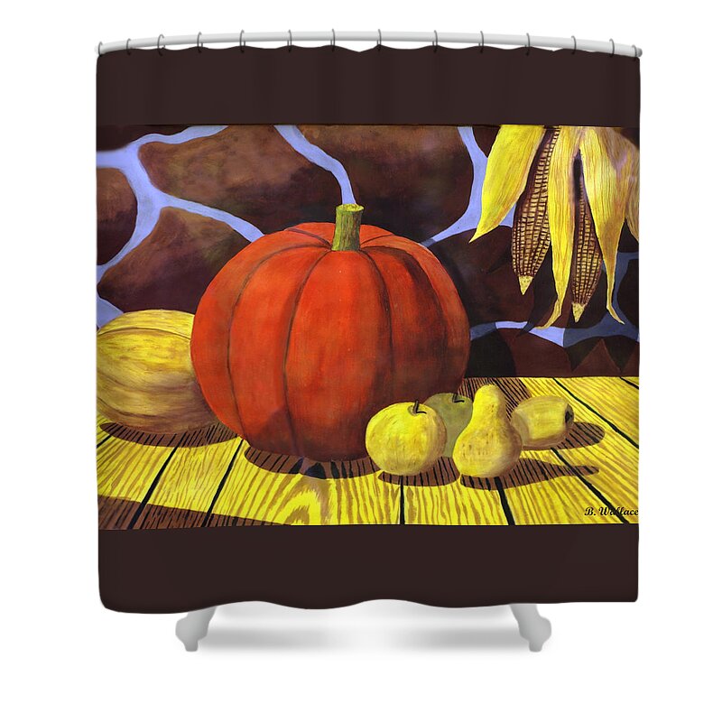 2d Shower Curtain featuring the painting Pumpkin Still Life - Homage to Jon Gnagy by Brian Wallace